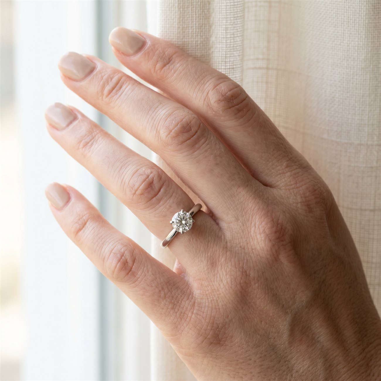 Hand wearing a NILS lab-grown diamond solitaire ring
